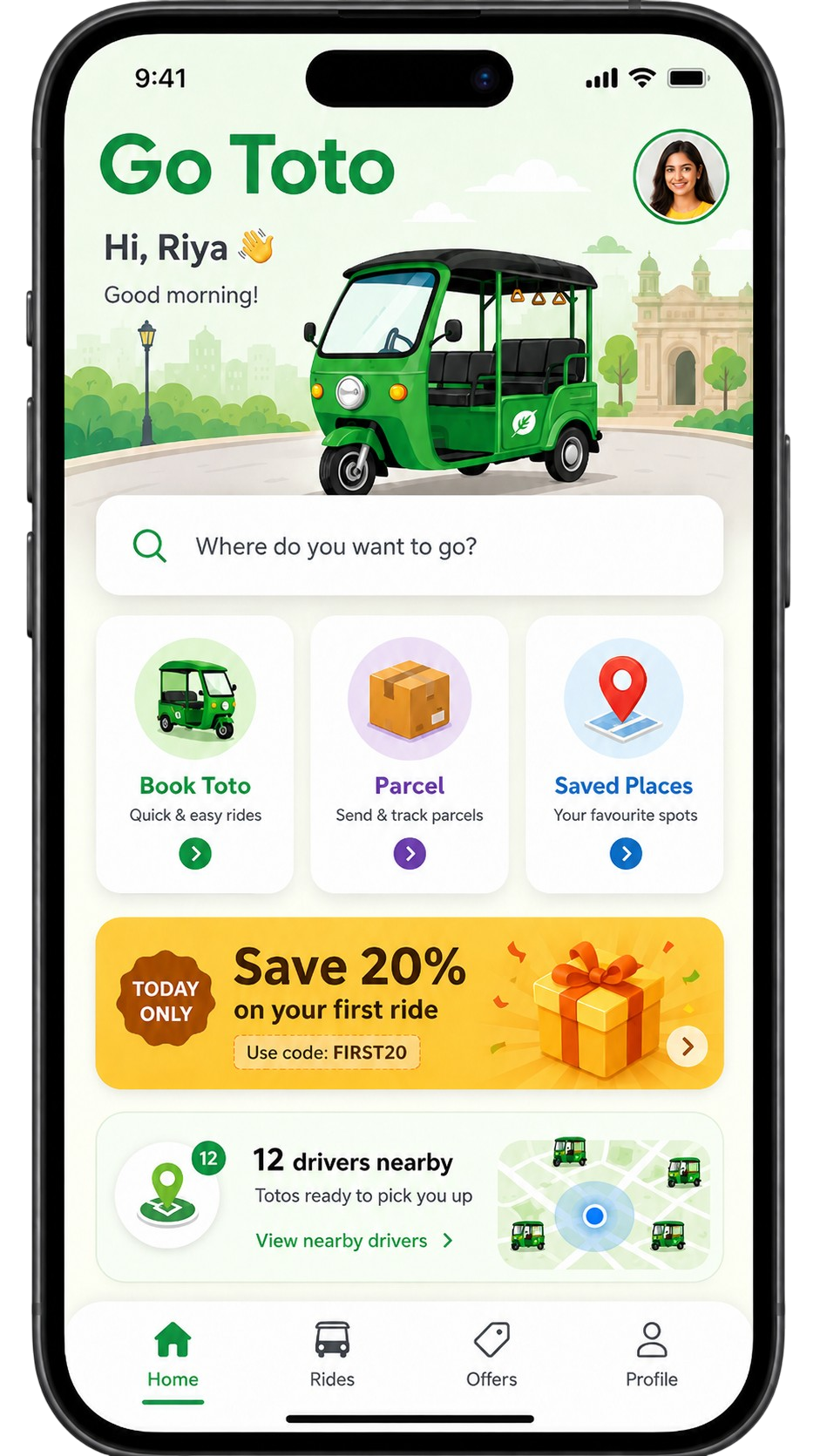 GoToto app home screen
